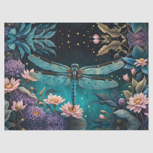 Papier Mousseline Dragonfly dans un jardin fleuri la nuit (Recto)
