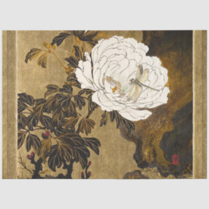 Papier Mousseline Dragonfly On Vintage Botanical Gold Peony Japonais