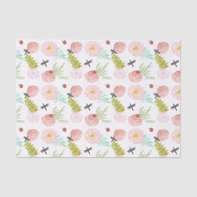 Papier Mousseline Dragonlies Jardin d'aquarelle Rose (Recto)