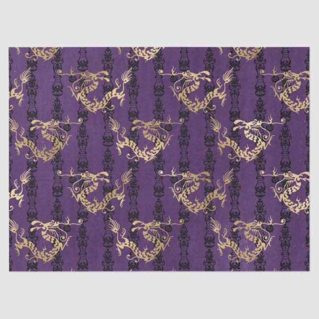 Papier Mousseline Dragons d'or sur la page de découpage violet (Recto)