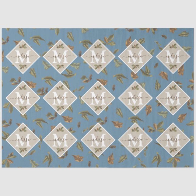 Papier Mousseline Dusty Blue Rustic Feuilles Brown Monogramme (Recto)