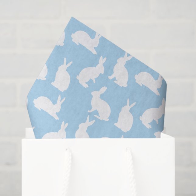 Papier Mousseline Dusty Blue With White Bunny Pattern Cute Easter (Sac cadeau)
