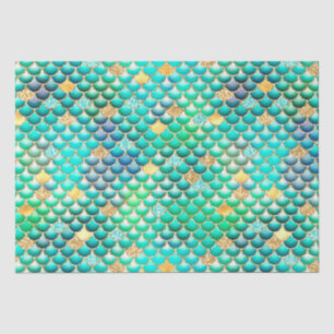 Papier Mousseline Écaille de sirène pailletée verte ombrée et dorée