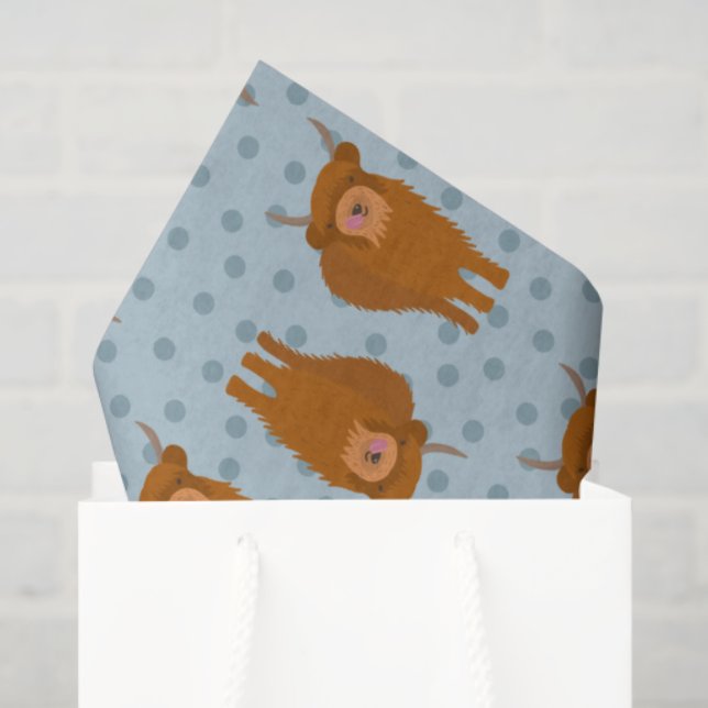 Papier Mousseline Écosse Highland Cattle sur Blue Pois (Sac cadeau)