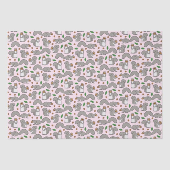 Papier Mousseline Écureuils gris sur papier de tissus roses (Recto)