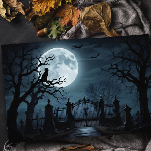 Papier Mousseline Eerie Éffrayant Graveyard avec Pleine lune et chat