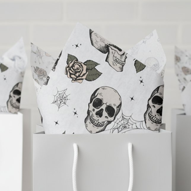 Papier Mousseline Éffrayant noir et blanc Floral petit crâne Hallowe (White Gothic Halloween Vintage Floral Skull Tissue Paper. Flowers & Skull Skeleton Pattern For Her)