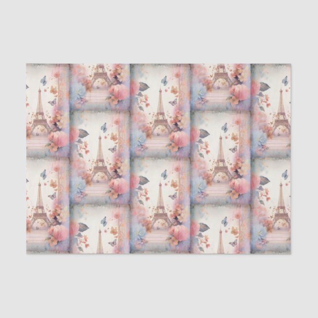 Papier Mousseline Eiffel Tower Butterflies and Flowers Pattern (Recto)