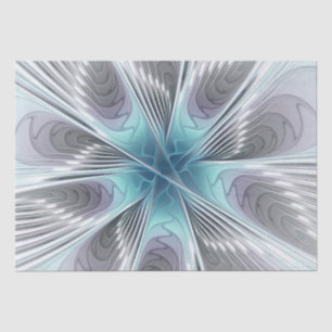 Papier Mousseline Élégance Moderne Art Fractal Fleur Bleu Gris Blanc