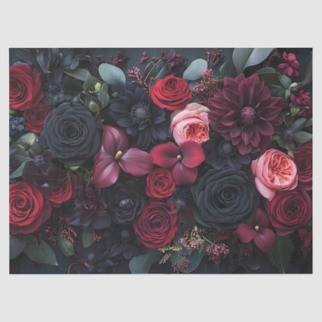 Papier Mousseline Élégant arrangement floral foncé avec Roses (Recto)