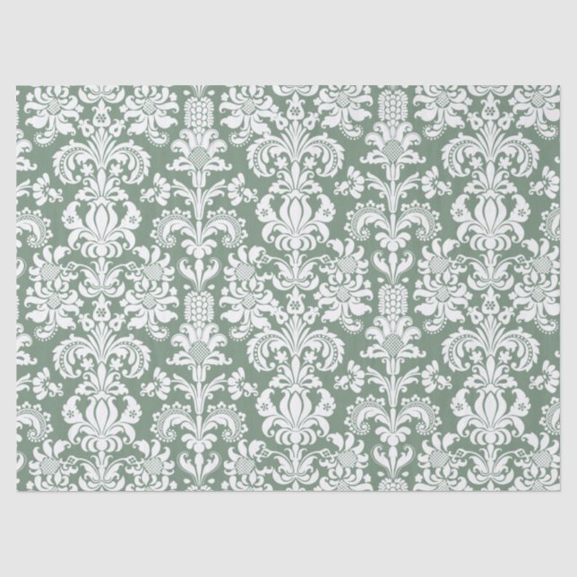 Papier Mousseline Elégant blanc de Damas Floral sur le vert Sage (Recto)