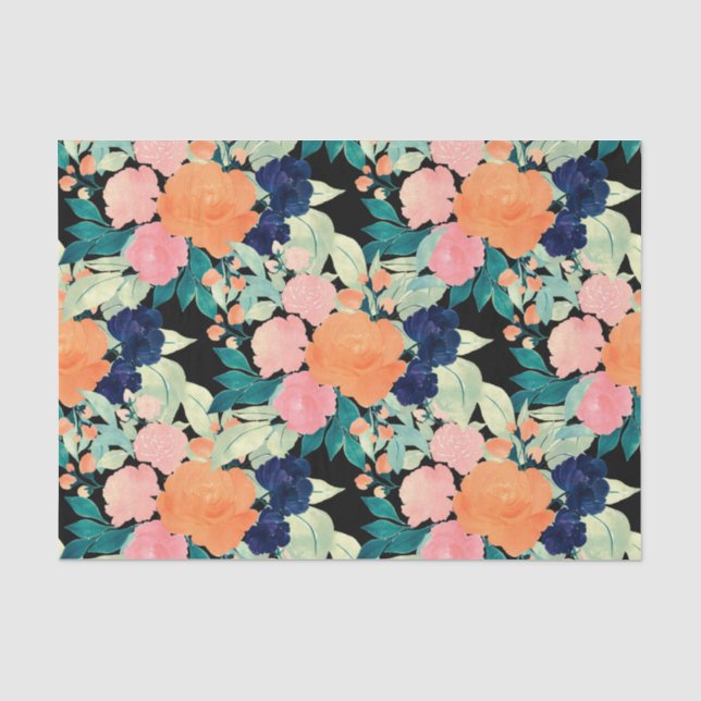 Papier Mousseline Elégant bleu rose orange Fleurs noir floral (Recto)