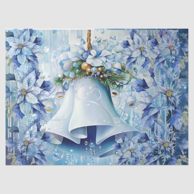 Papier Mousseline Elegant Blue Christmas Floral Bells Decoupage (Recto)