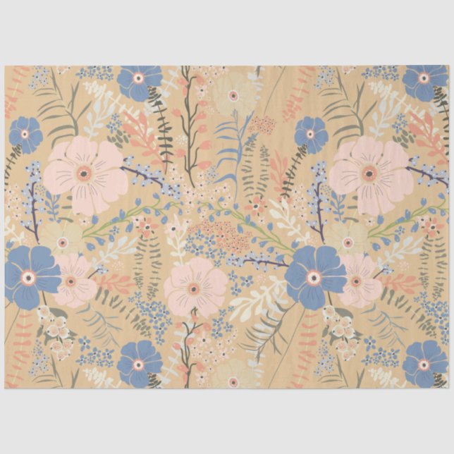 Papier Mousseline Élégant Caramel bleu rose motif floral (Recto)