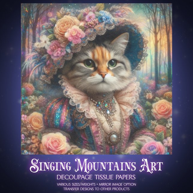 Papier Mousseline Elegant Cat Victorian Flower Garden Decoupage  (Créateur téléchargé)