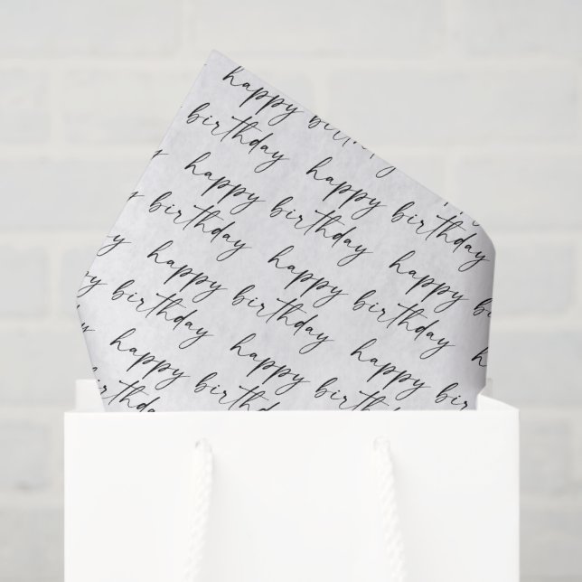 Papier Mousseline Elegant Chic Black and White Script Happy Birthday (Sac cadeau)