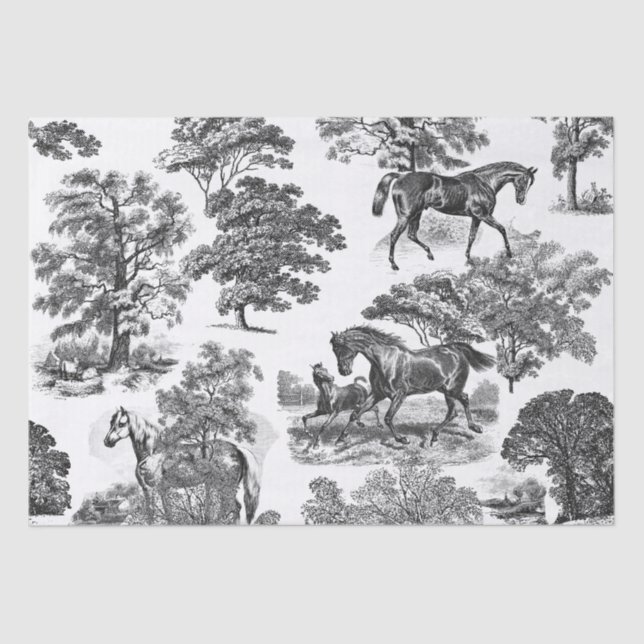 Papier Mousseline Élégant Chic Rustic Horses Black White Toile (Recto)
