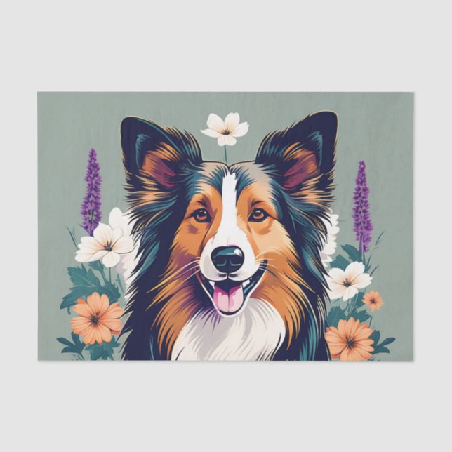 Papier Mousseline Elégant Chien de Shetland avec Floral (Recto)
