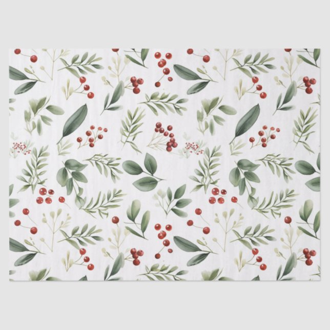 Papier Mousseline Elegant Christmas Greenery & Red Berries Holiday (Recto)