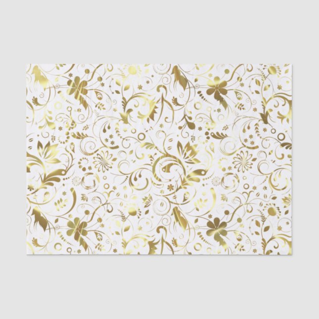 Papier Mousseline Élégant Damas Florales Blanches Et Or (Recto)