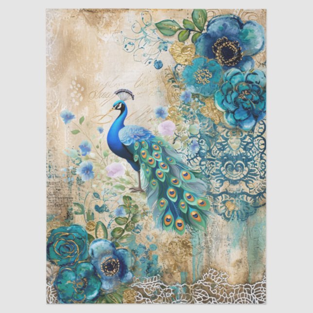 Papier Mousseline Elegant Distressed Teal Blue Florals & Peacock (Recto)