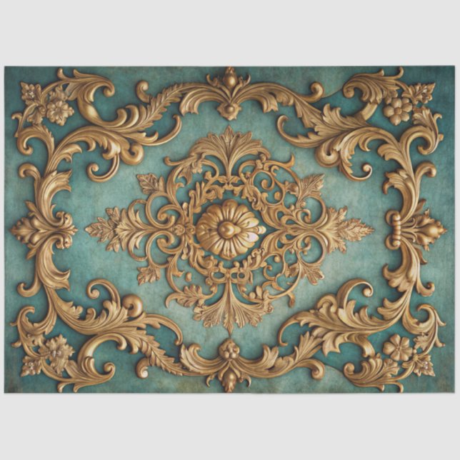 Papier Mousseline Elegant Faux Gold Teal Decoupage  (Recto)