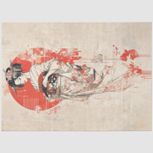 Papier Mousseline Elegant Geisha en Soleil Rouge - Art Japonais Vint