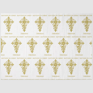 Papier Mousseline Élégant Gold Ornate Cross Baptism