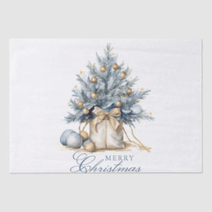 Papier Mousseline Elégant Joyeux Arbre de Noël Or bleu Aquarelle