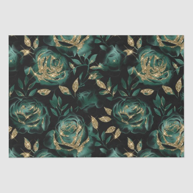 Papier Mousseline Élégant modèle floral Rose vert et or (Recto)