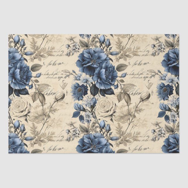 Papier Mousseline Élégant motif floral crème bleue (Recto)