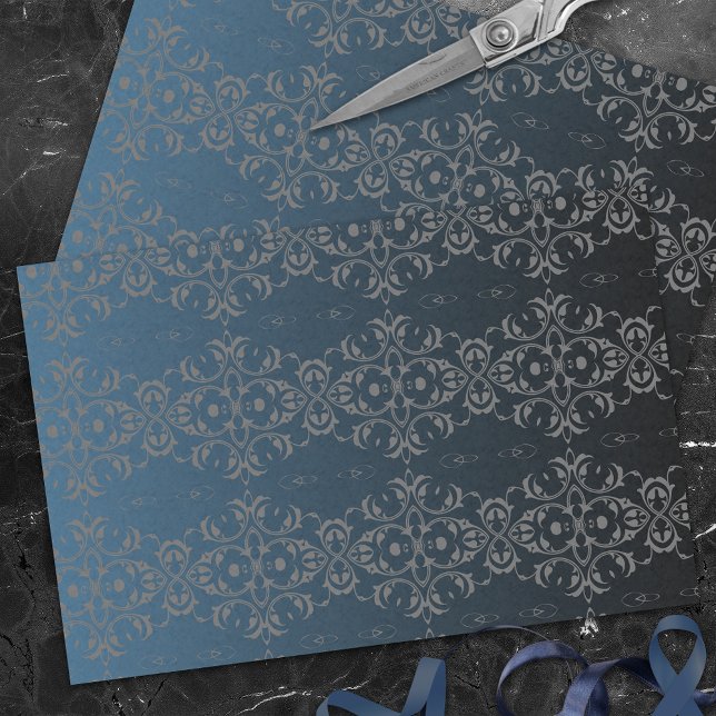 Papier Mousseline Élégant motif gris et bleu métallique Damas (Créateur téléchargé)