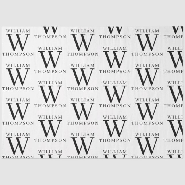 Papier Mousseline Élégant Noir & Blanc Nom Monogramme (Recto)