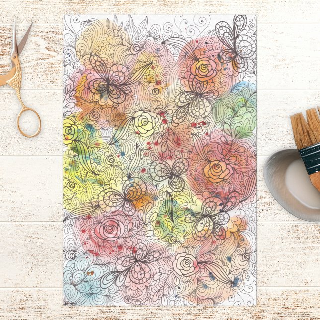 Papier Mousseline Elégant Ombre aquarelle et Doodle floral d'encre (Créateur téléchargé)