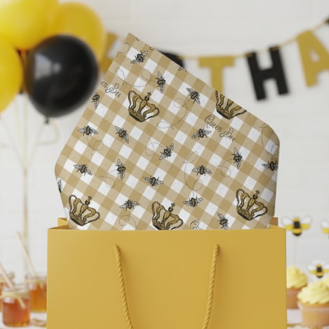 Papier Mousseline Elégant or En vichy Royal Queen Bee Motif (Gold and White Gingham with Vintage Gold Crown and Bees Pattern Birthday Tissue Paper for Her.)