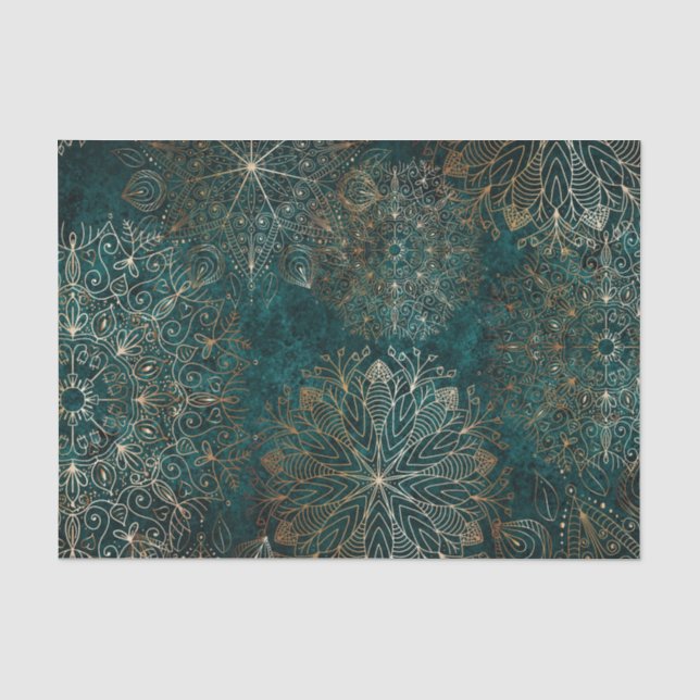 Papier Mousseline Elégant or et Turquoise vert Floral Mandala Motif (Recto)