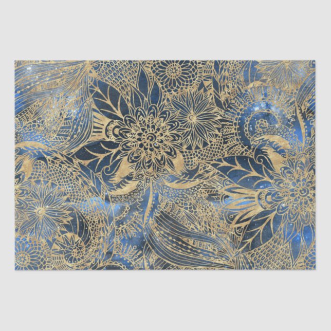 Papier Mousseline Elégant or Mandala Fleurs Bleu Nebula (Recto)