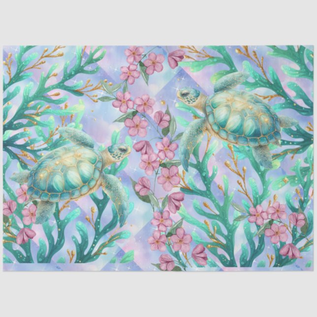 Papier Mousseline Elégant Pastel Aquarelle Tortues de mer Découpage (Recto)