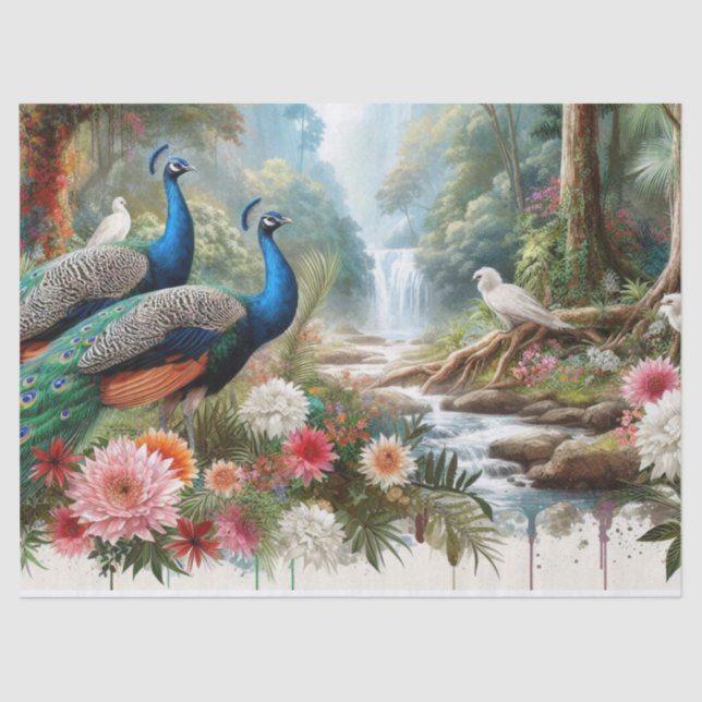 Papier Mousseline Elégant Peacocks en Forêt avec Fleurs (Recto)