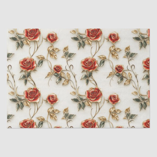 Papier Mousseline Élégant Red Gold Roses Vintages (Recto)