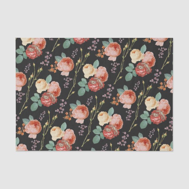 Papier Mousseline Élégant rose chic roses Floral sur noir (Recto)