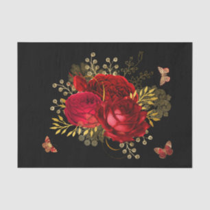 Papier Mousseline Elégant Rouge Roses Butterfly Gold