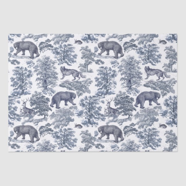 Papier Mousseline Élégant Rustique Blue Forest Animaux Toile (Recto)