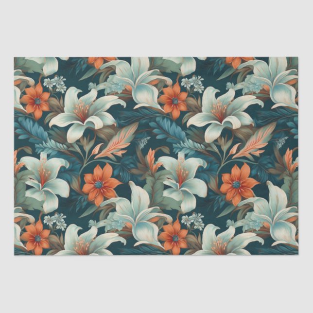 Papier Mousseline Élégant Turquoise Orange Flower Motif Floral (Recto)