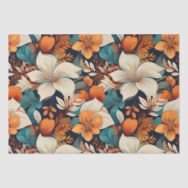 Papier Mousseline Élégant Turquoise Orange Flower Motif Floral (Recto)