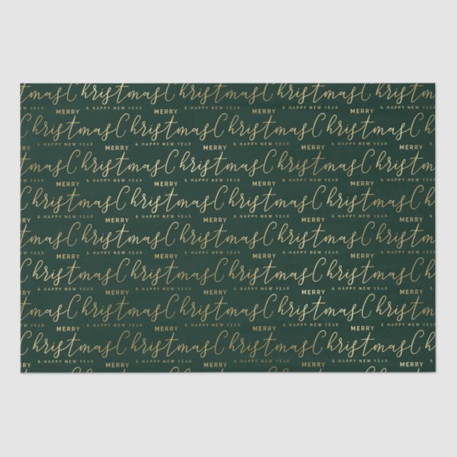 Papier Mousseline Élégant Vert et Or Joyeux Texte de Noël (Recto)