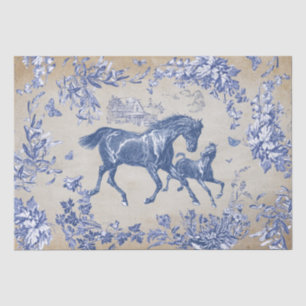 Papier Mousseline Elégant Vintage Blue Horse Floral Toile Kraft