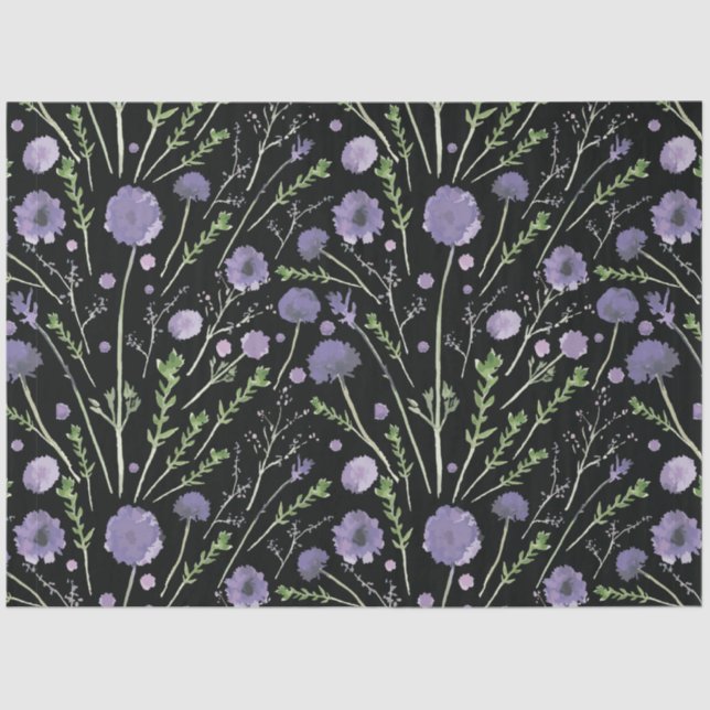 Papier Mousseline Elégant violet vert noir Aquarelle Fleurs (Recto)