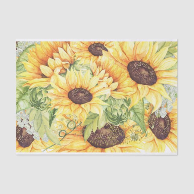 Papier Mousseline Elégante Aquarelle Jaune Fleurs de soleil Vert (Recto)