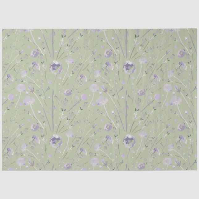 Papier Mousseline Elégante aquarelle Sage vert pourpre Floral (Recto)